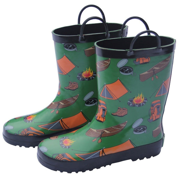 Foxfire Little Boys Green Camping Print Pull On Handle Rain Boots 5-10 Toddler - SophiasStyle.com